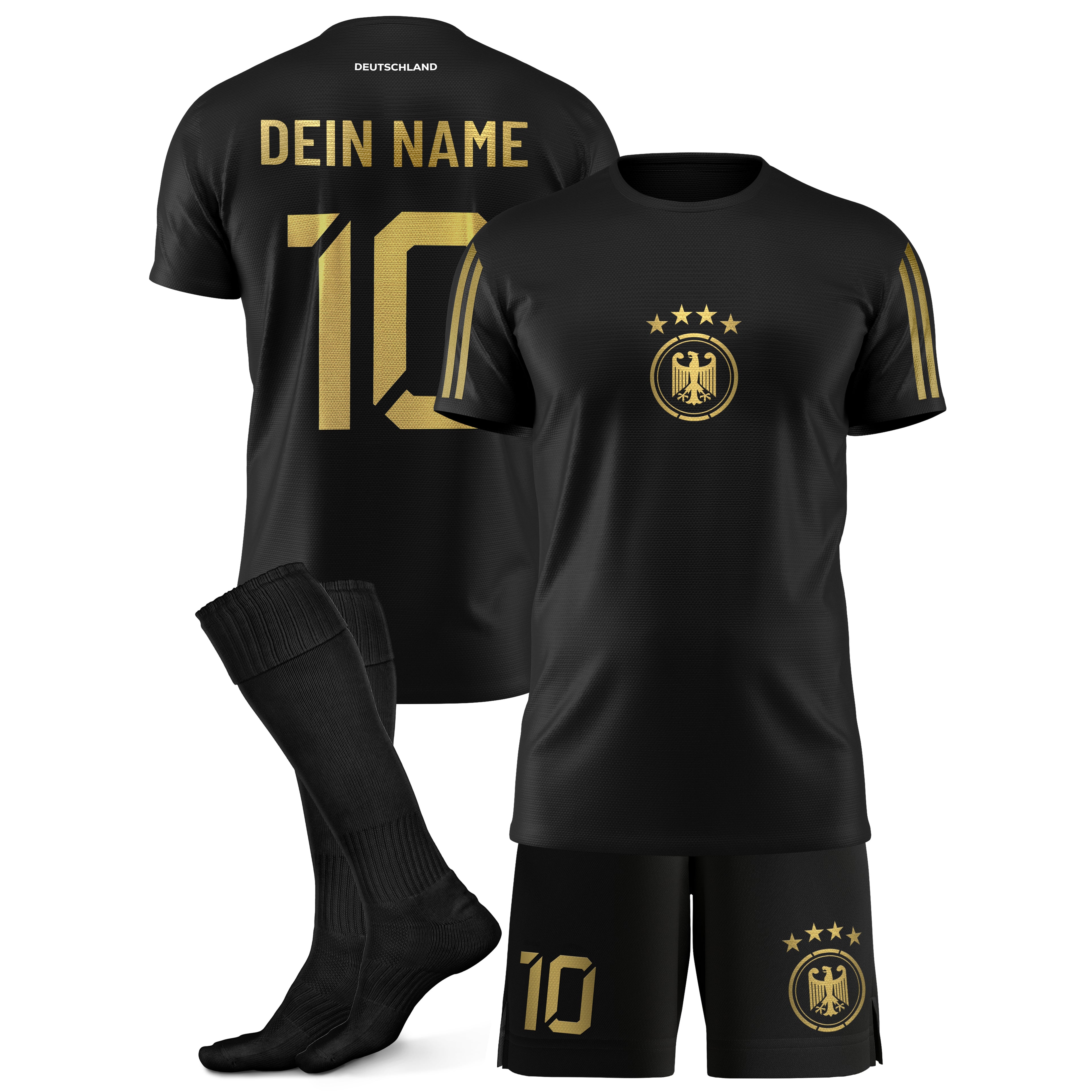 Deutschland Kinder Fußball-Set Schwarz Gold mit Namen & Nummer