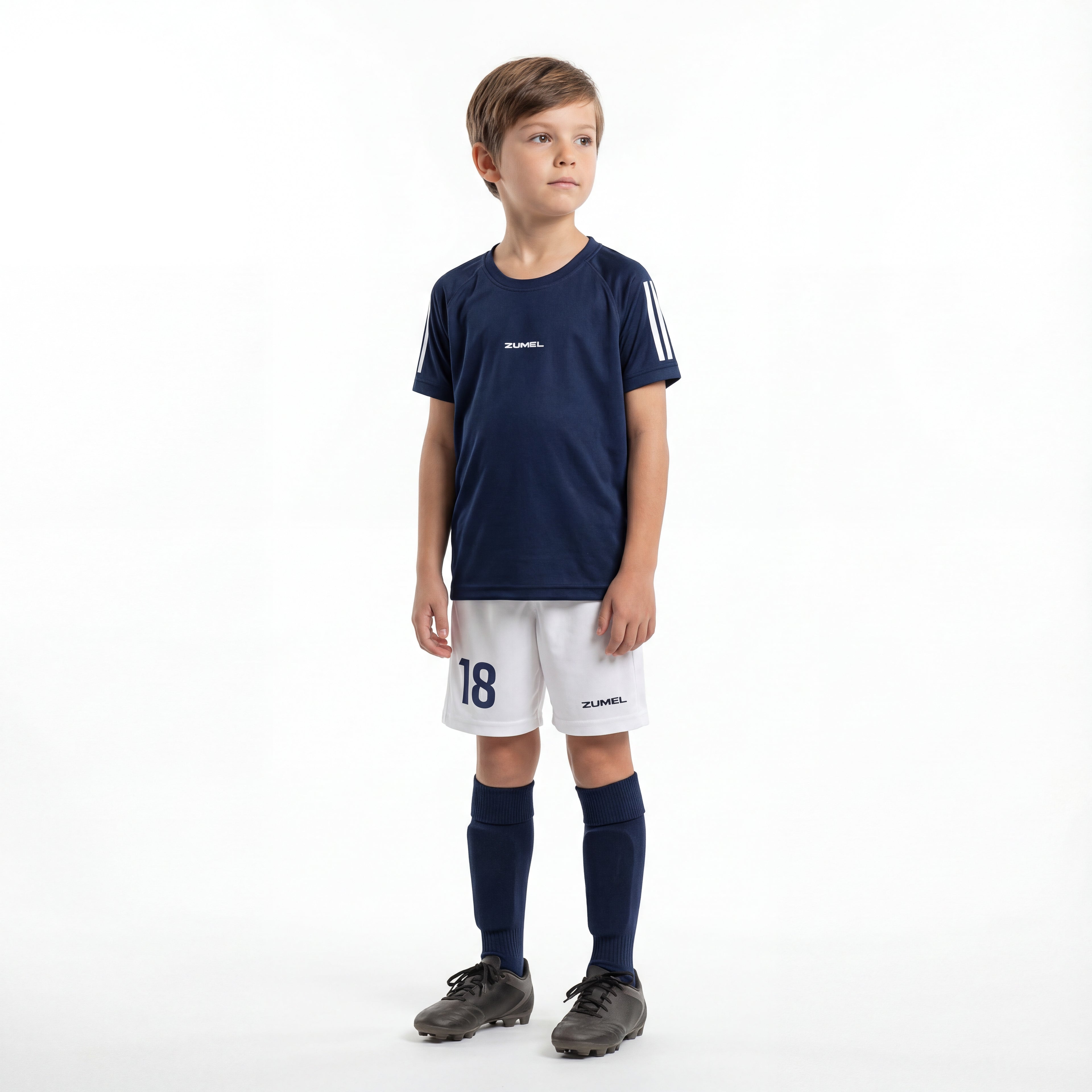 Personalisiertes marineblaues Kinder-Fußballset mit Namen und Nummer
