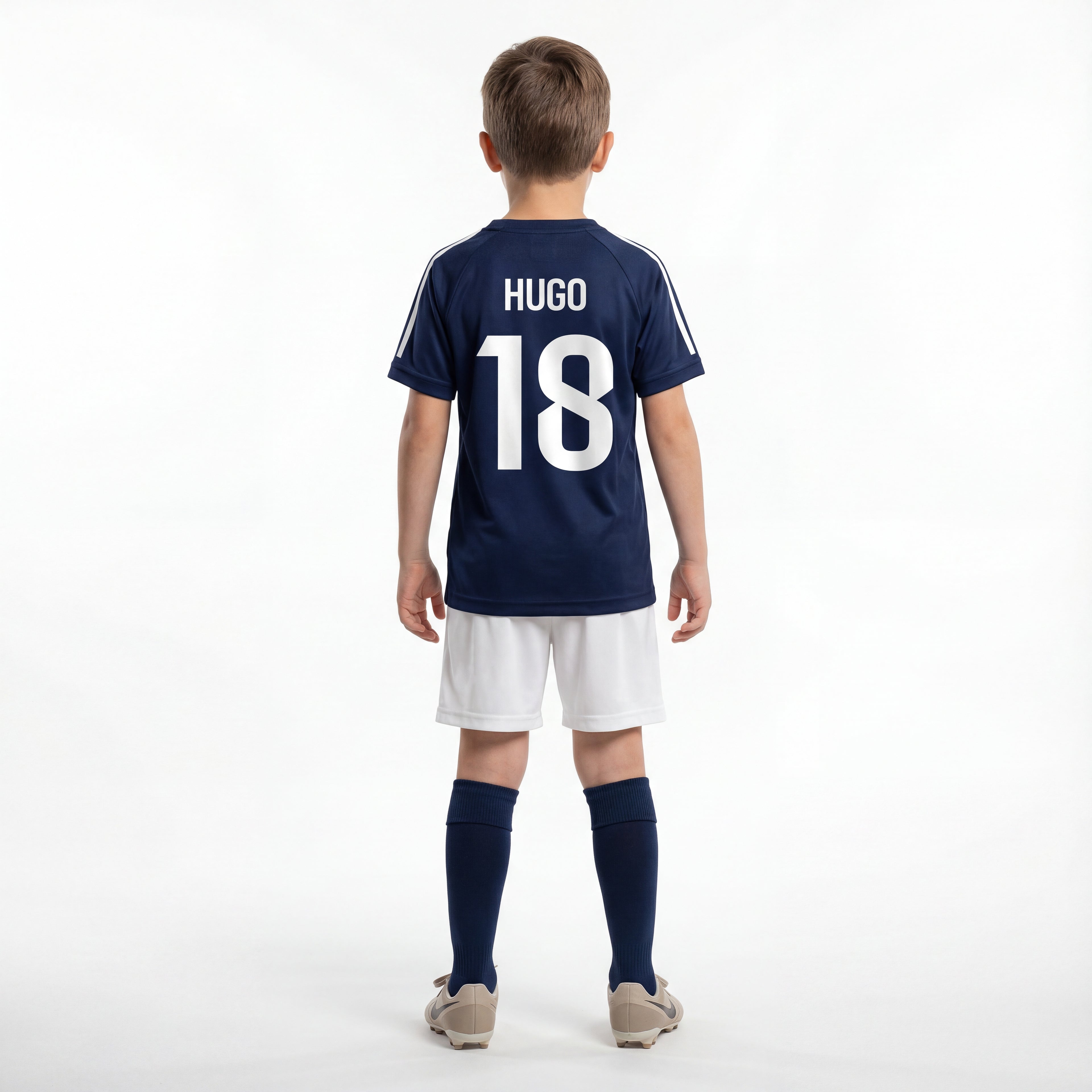 Personalisiertes marineblaues Kinder-Fußballset mit Namen und Nummer