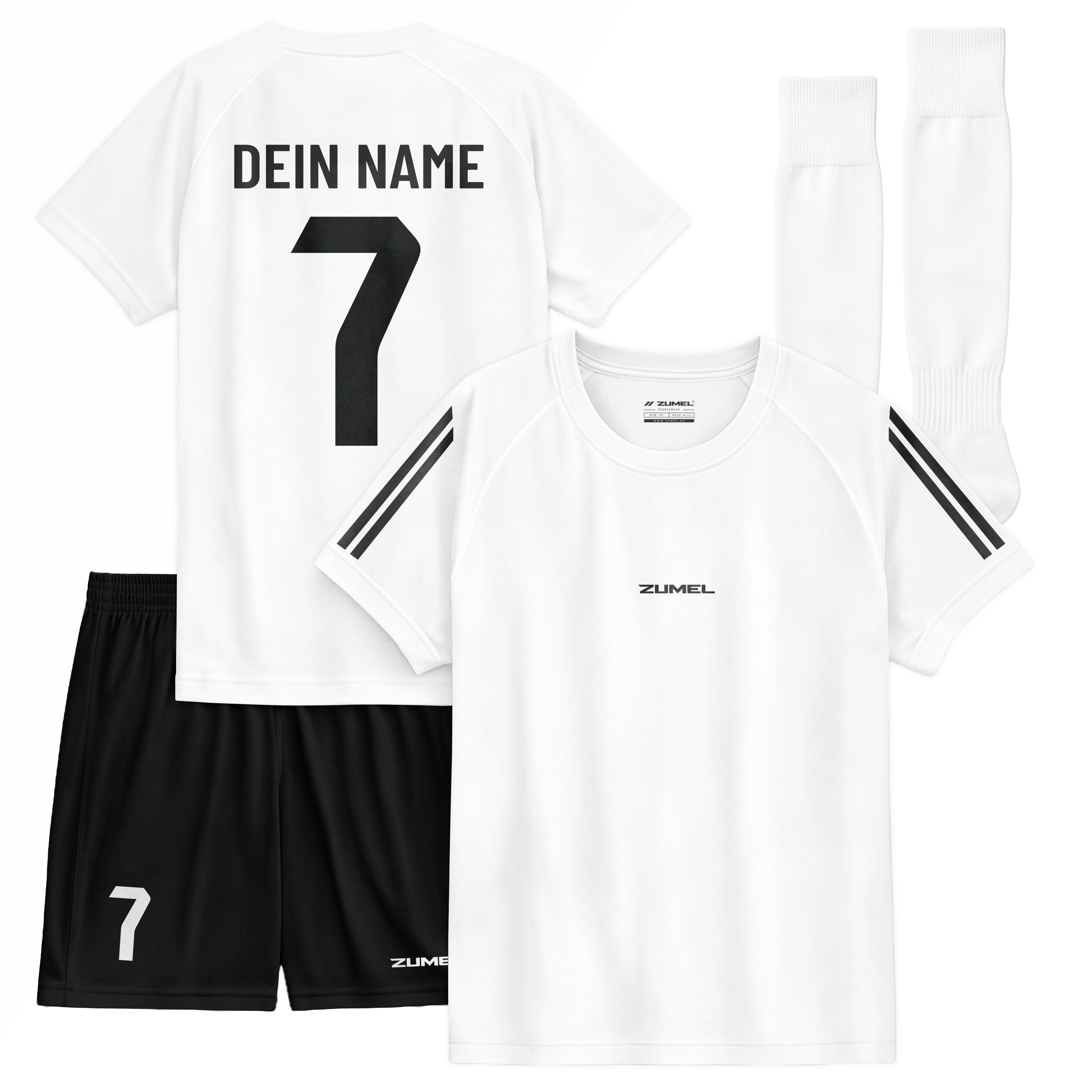 Personalisiertes Kinder-Fußball Set Weiß mit eigenem Namen und Nummer