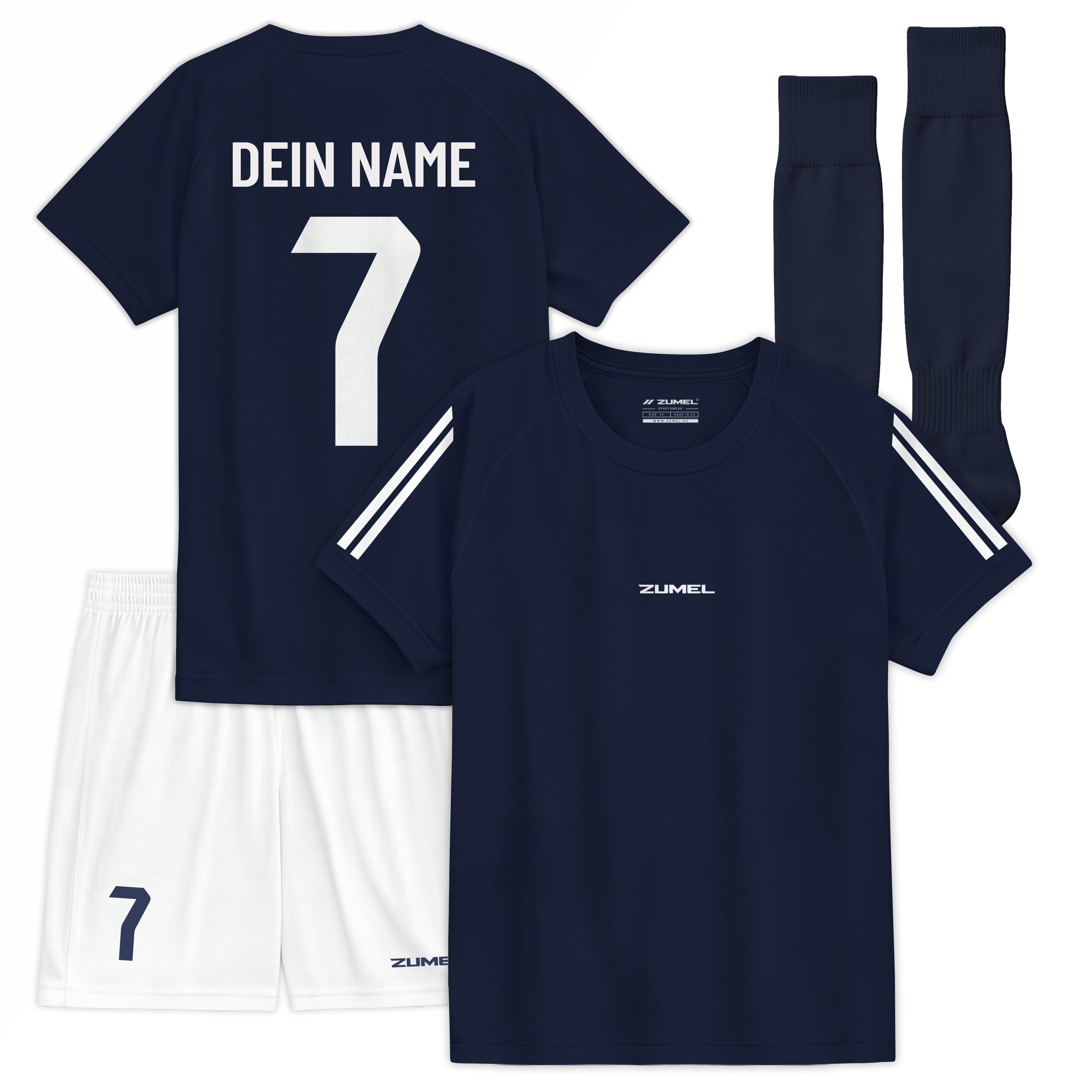 Personalisiertes marineblaues Kinder-Fußballset mit Namen und Nummer